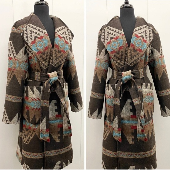 earthyecostyle Jackets & Blazers - Brown and Blue Trench Coat with Belted Design - indigenous - native